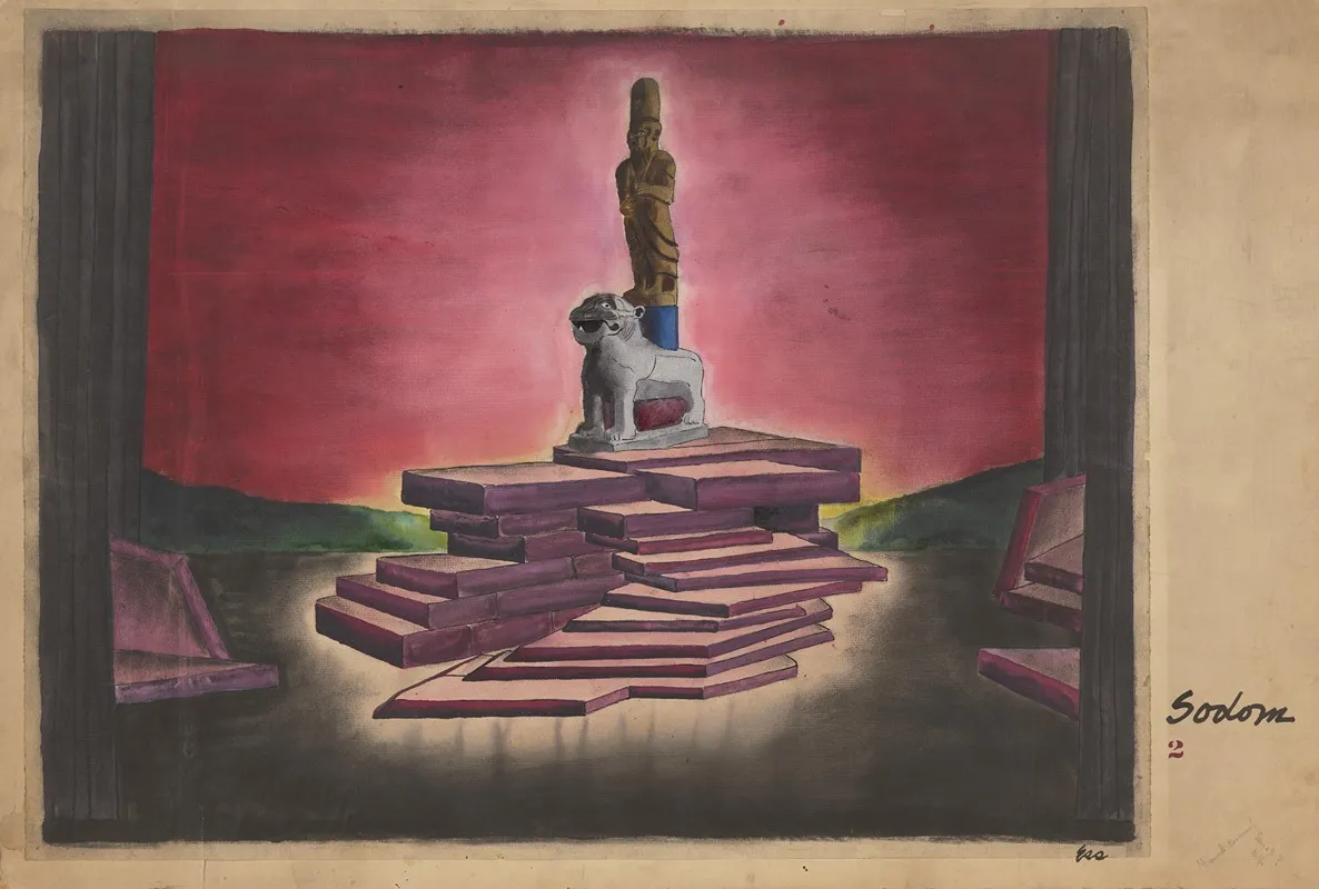 Sodom Statues On A Dais Against Red Sky Wall Art by Manuel Essman - High-Resolution Digital Print