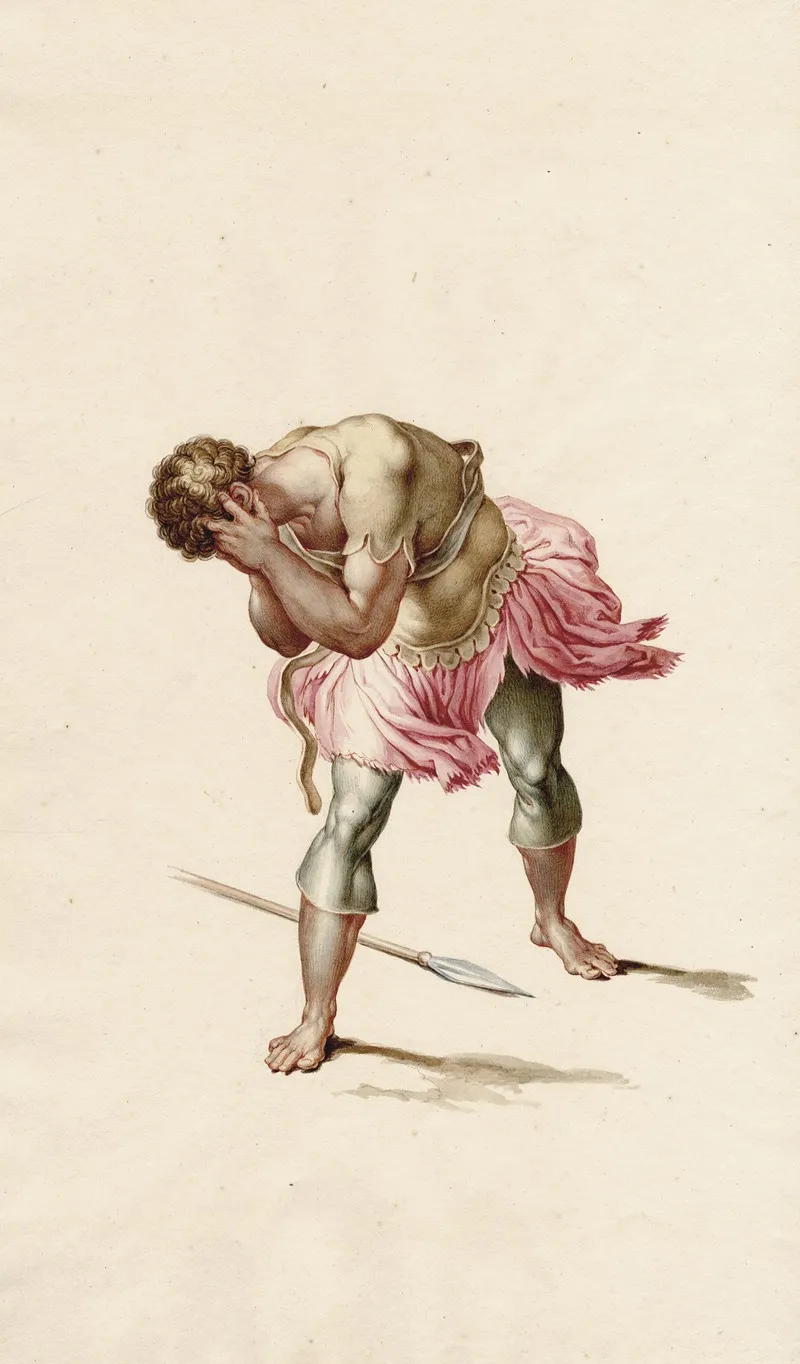 Soldier Bending Forward Burying His Face In His Hands Detail From The Conversion Of Paul