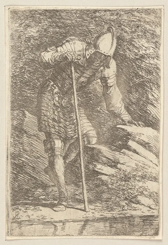 Soldier In Helmet And Armor Regarding A Stream Wall Art by Salvator Rosa - High-Resolution Digital Print