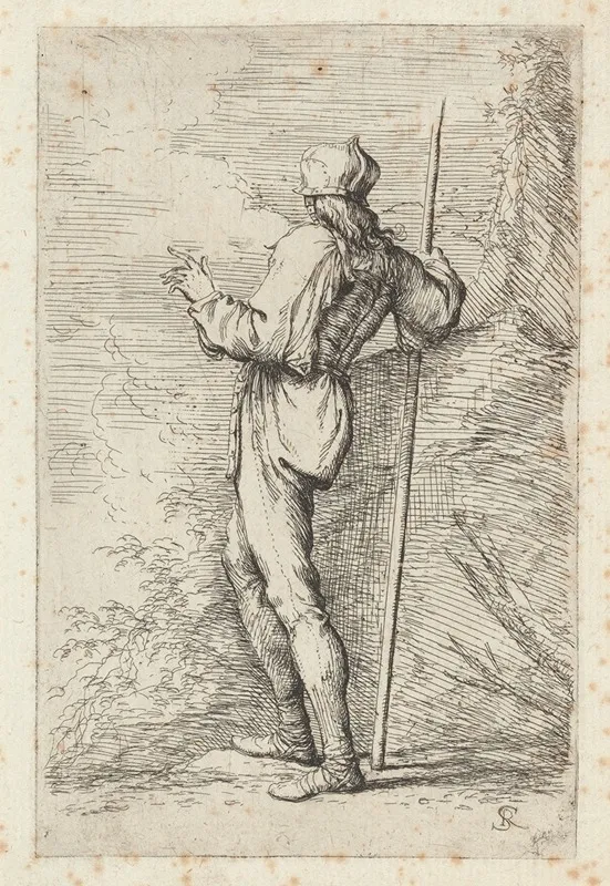 Soldier Standing Holding A Long Cane Before A Rocky Wall Wall Art by Salvator Rosa - High-Resolution Digital Print