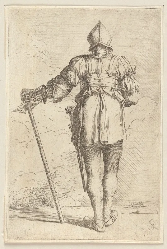 Soldier Standing Seen From Behind In A Helmet Holding A Cane Wall Art by Salvator Rosa - High-Resolution Digital Print