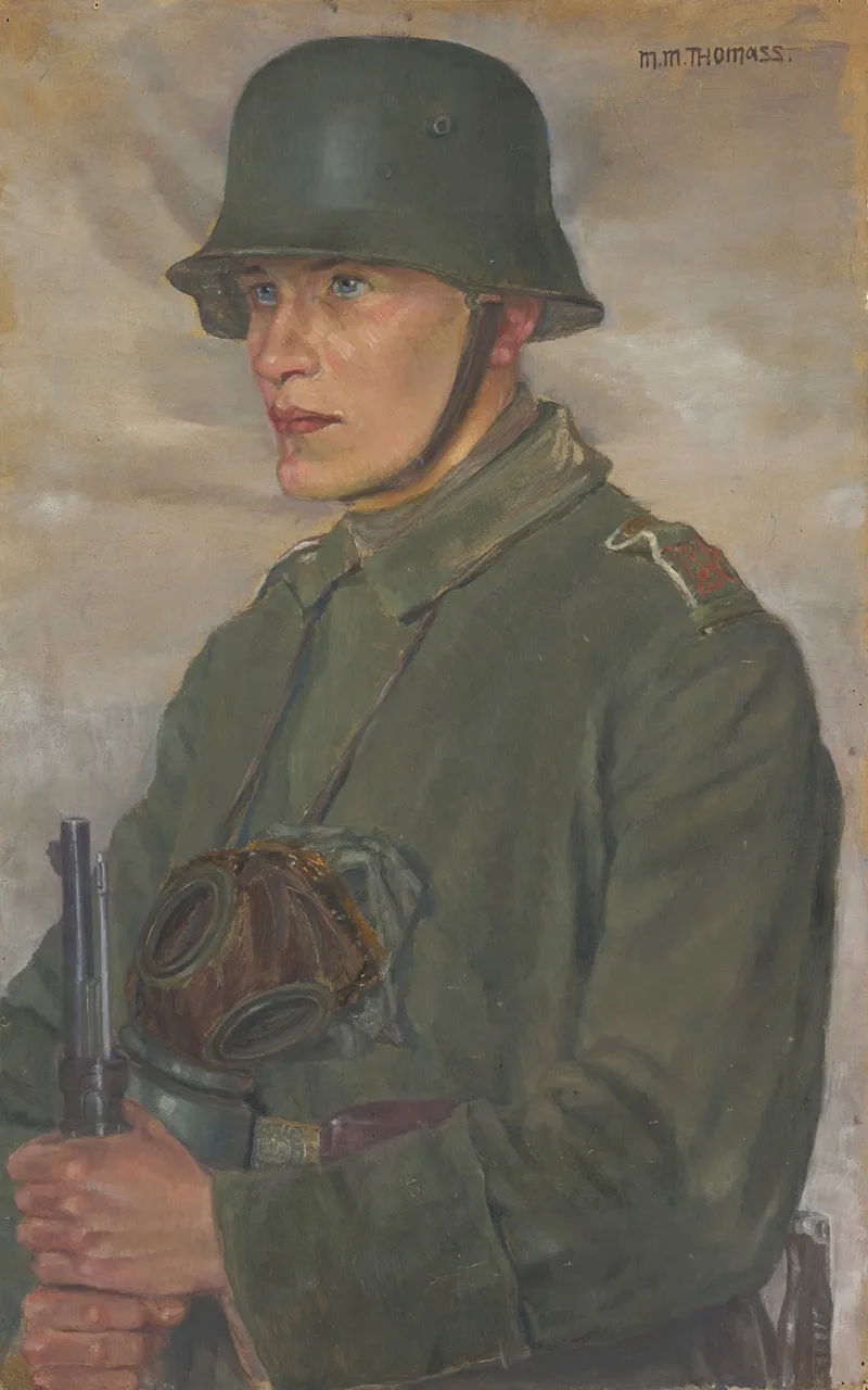 Soldier With Steel Helmet And Gas Mask After 1914 Wall Art by Maria Marga Thomass - High-Resolution Digital Print