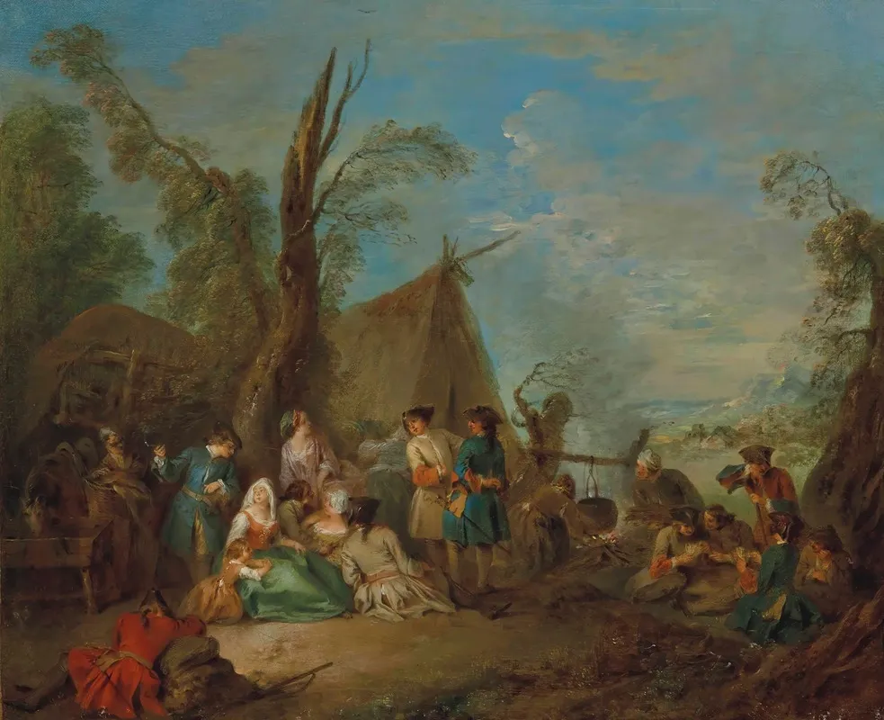 Soldiers And Vivandieres Cooking And Resting Around A Campfire A Wagon And A Tent Beyond