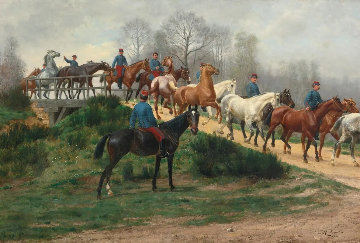 Soldiers Leading Horses Over A Bridge