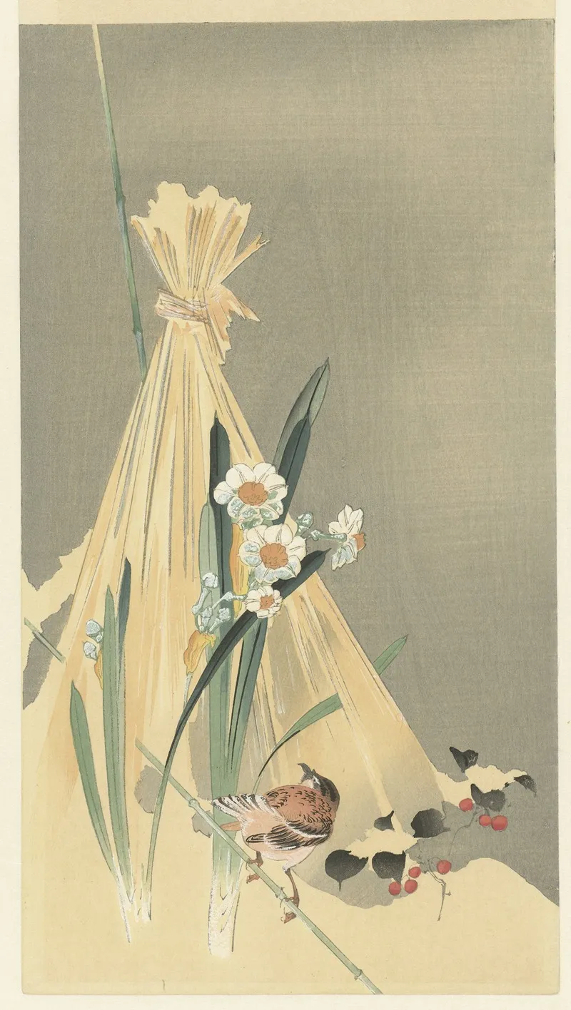 Songbird At Hay Bundle Wall Art by Ohara Koson - High-Resolution Digital Print