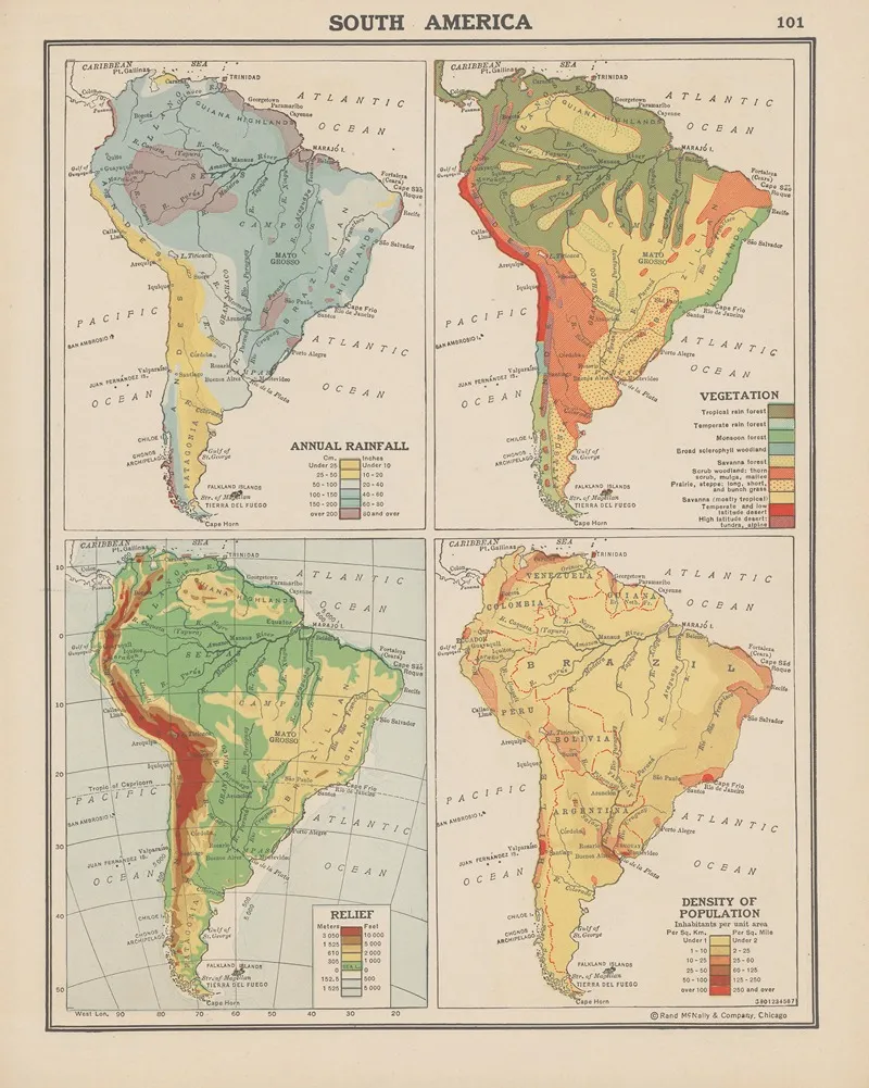 South America Annual Rainfall Vegetation Land Relief Density Of Population Wall Art by John Paul Goode - High-Resolution Digital Print