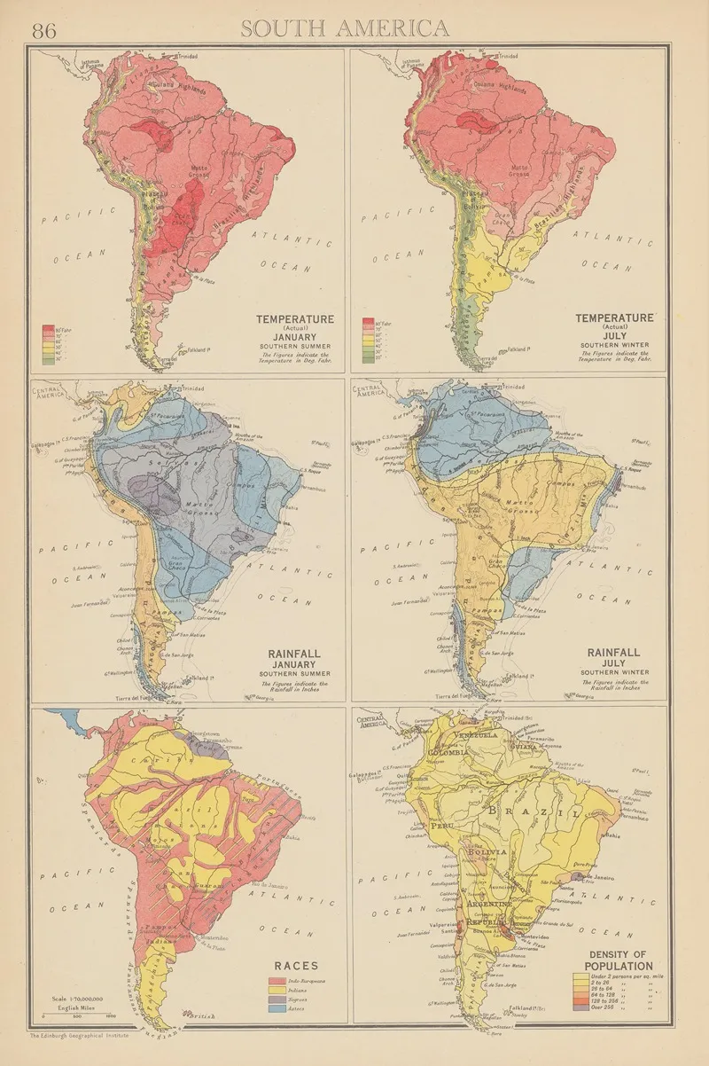 South America Temperature Rainfall Wall Art by John George Bartholomew - High-Resolution Digital Print