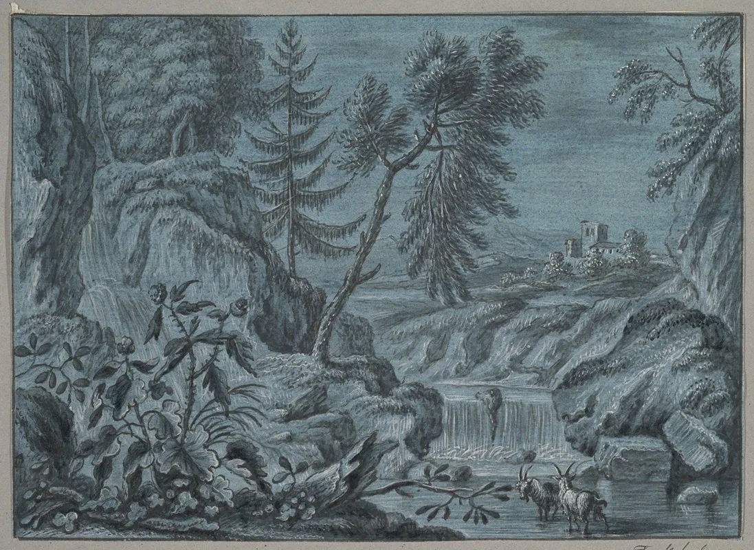 Southern Landscape With A Waterfall And Goats Late