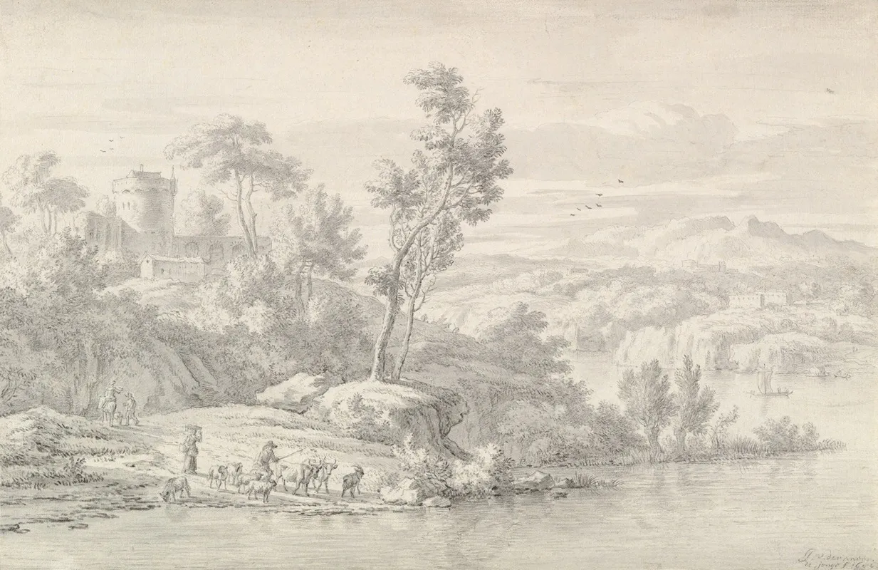 Southern Landscape With Figures And Cattle At A River Wall Art by Jan van der Meer the Younger - High-Resolution Digital Print