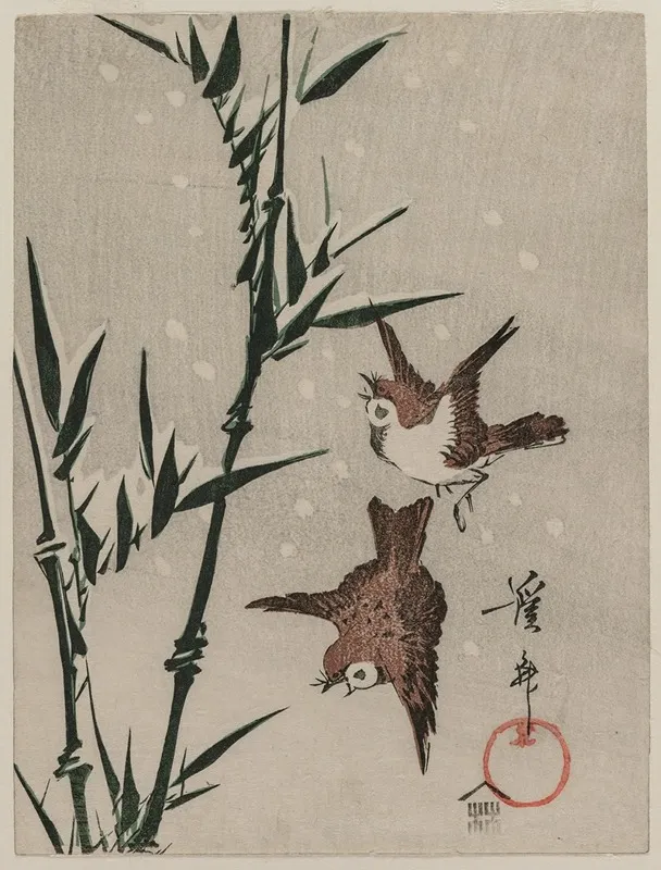 Sparrows Bamboo And Falling Snow