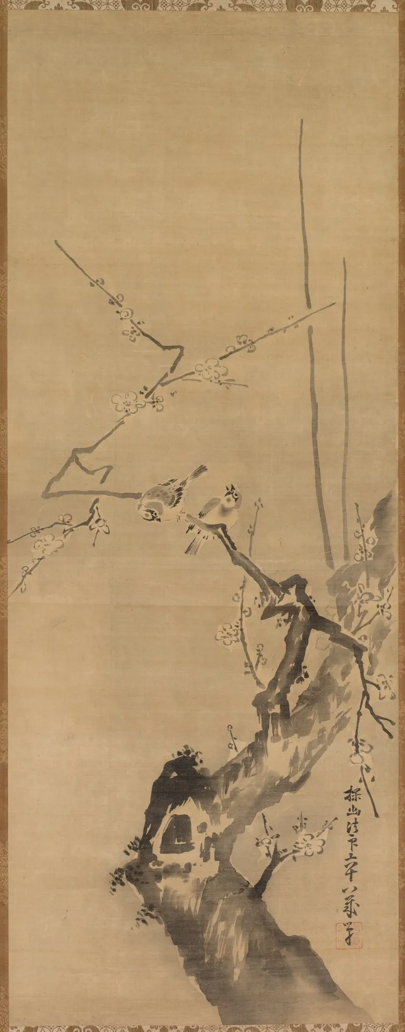 Sparrows On Blossoming Plum A Sage With Tiger Chinese Bird On Snow Laden Branch