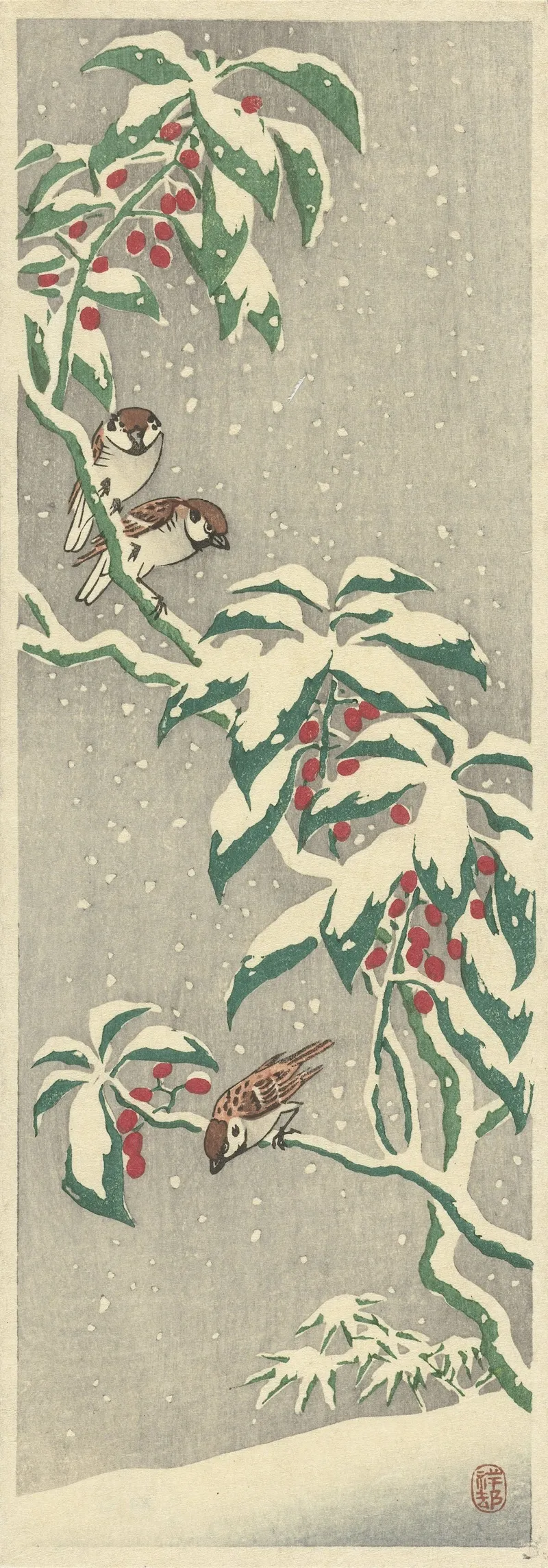 Sparrows On Snowy Currant Bush Wall Art by Ohara Koson - High-Resolution Digital Print