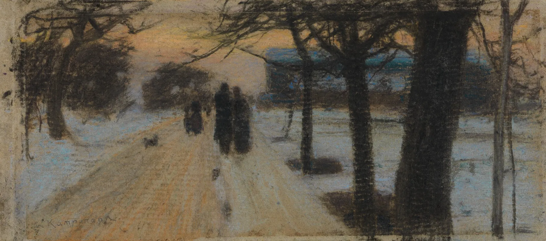 Spazierganger Auf Schneebedeckter Strasse Am Abend