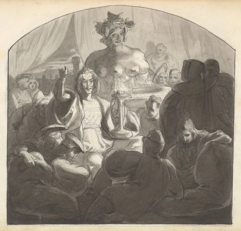 Speaker Addressing Male Figures Gathered At Night Around A Fountain