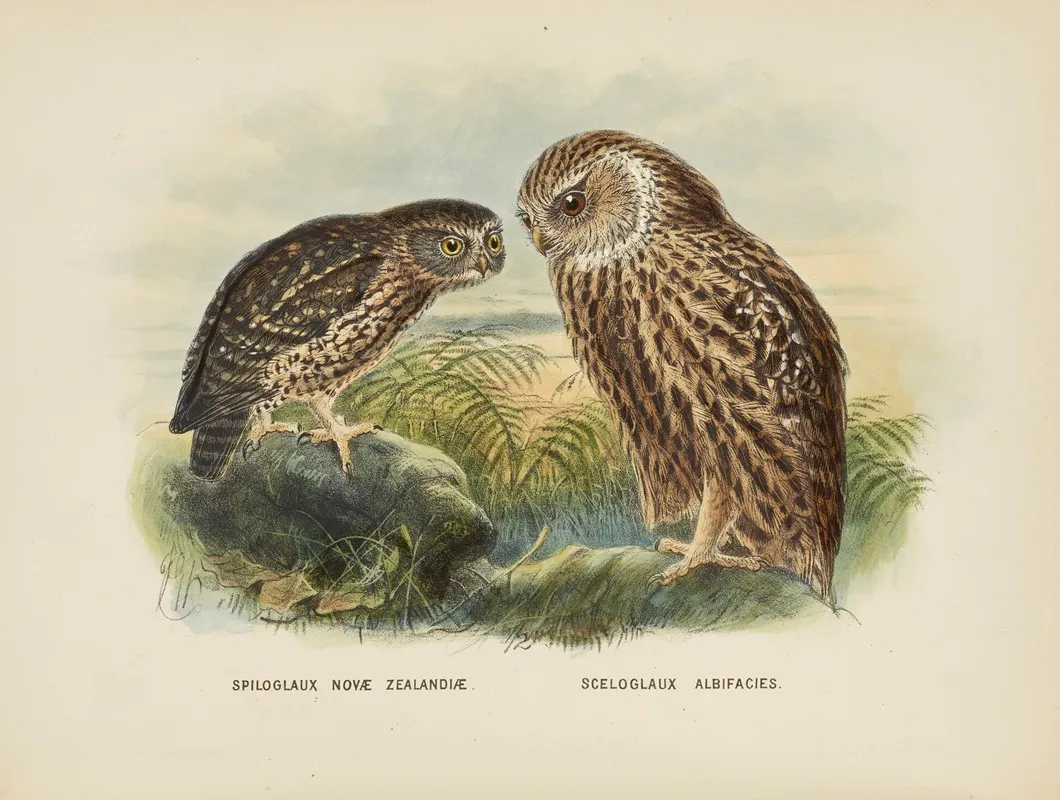 Spiloglaux Novae Zealandiae And Sceloglaux Albifacies Wall Art by John Gerrard Keulemans - High-Resolution Digital Print