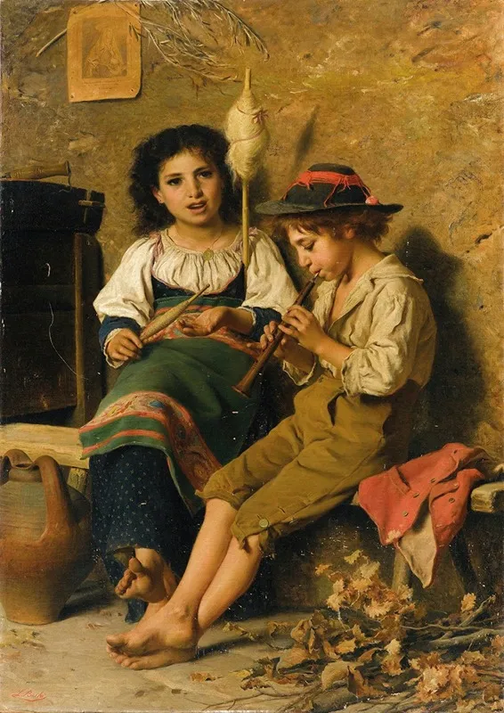 Spinnerin Und Flotenspieler Wall Art by Luigi Bechi - High-Resolution Digital Print