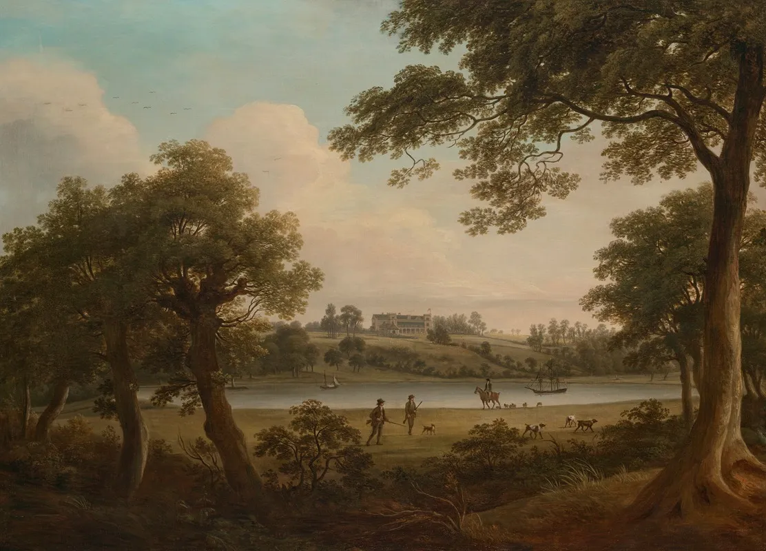 Sportsmen In A Wooded River Landscape A Country House Beyond Wall Art by William Ashford - High-Resolution Digital Print