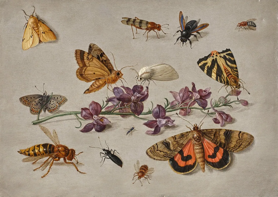 Sprig Of Larkspur With Butterflies Moths And A Wasp Wall Art by Jan Van Kessel The Elder - High-Resolution Digital Print