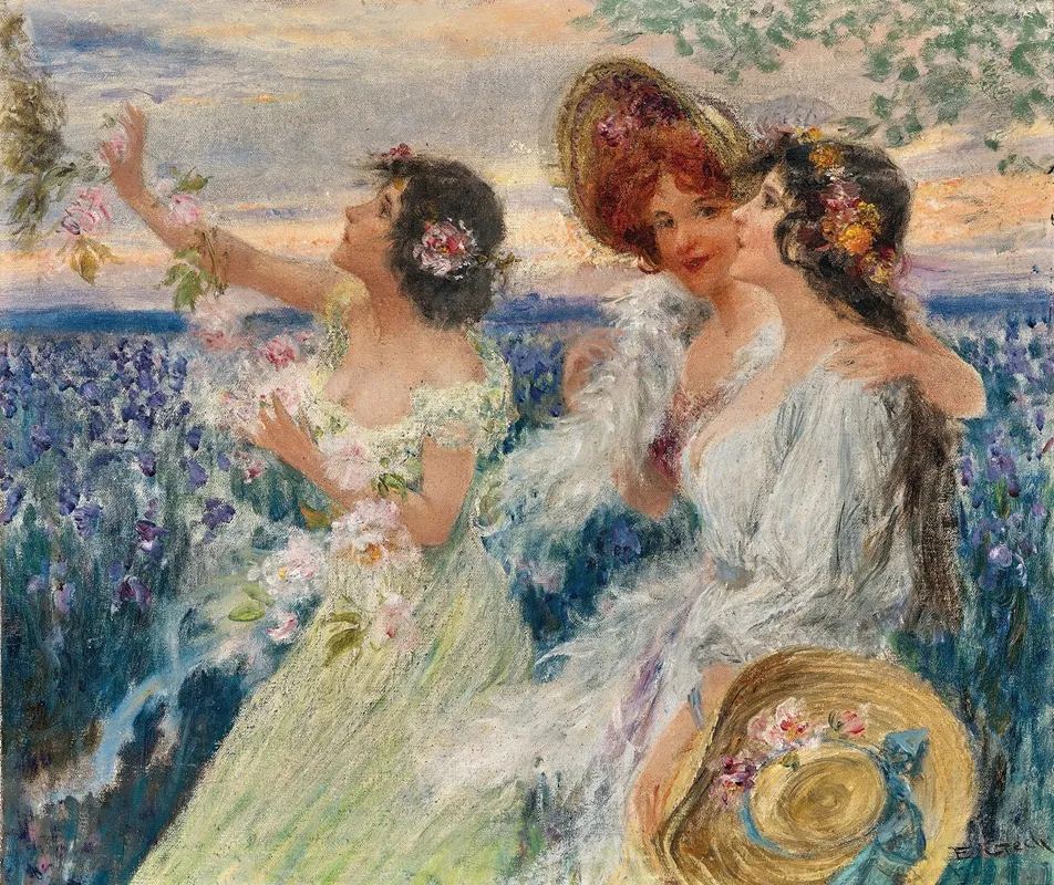 Springtime Three Ladies Before A Field Of Lilies Wall Art by Emil Czech - High-Resolution Digital Print