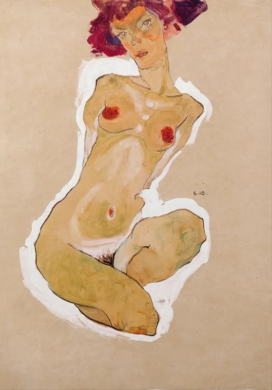 Squatting Female Nude Wall Art by Egon Schiele - High-Resolution Digital Print