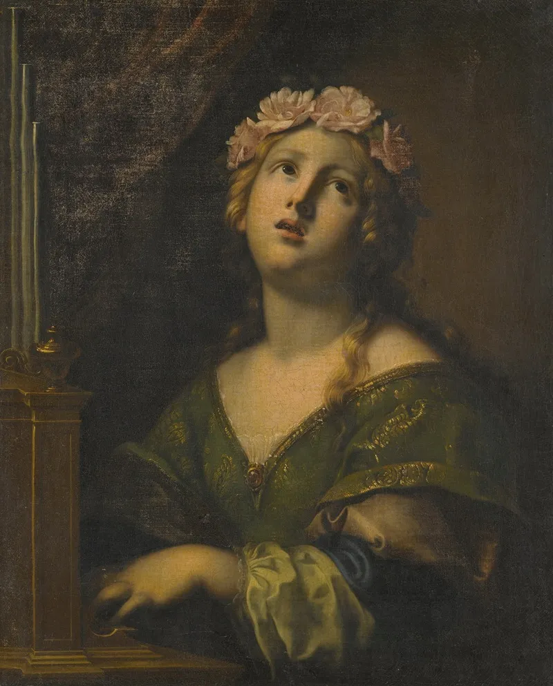 St Cecilia Wearing A Crown Of Flowers Playing An Organ Wall Art by Onorio Marinari - High-Resolution Digital Print