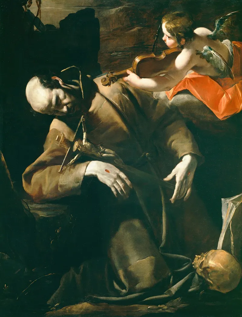 St Francis Of Assisi In Ecstasy Before A Cherub With A Violin Wall Art by Gioacchino Assereto - High-Resolution Digital Print