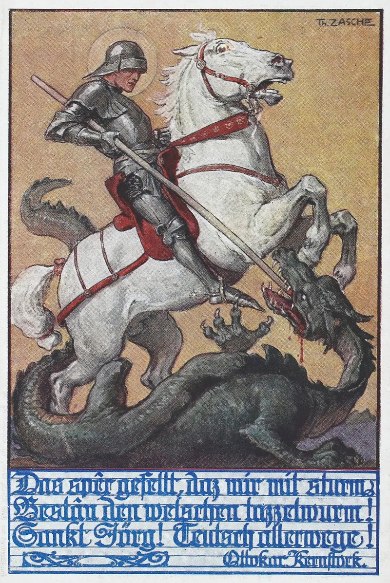 St Georg Bekampft Den Drachen Mit Gedicht Von Ottokar Kernstock Wall Art by Theodor Zasche - High-Resolution Digital Print