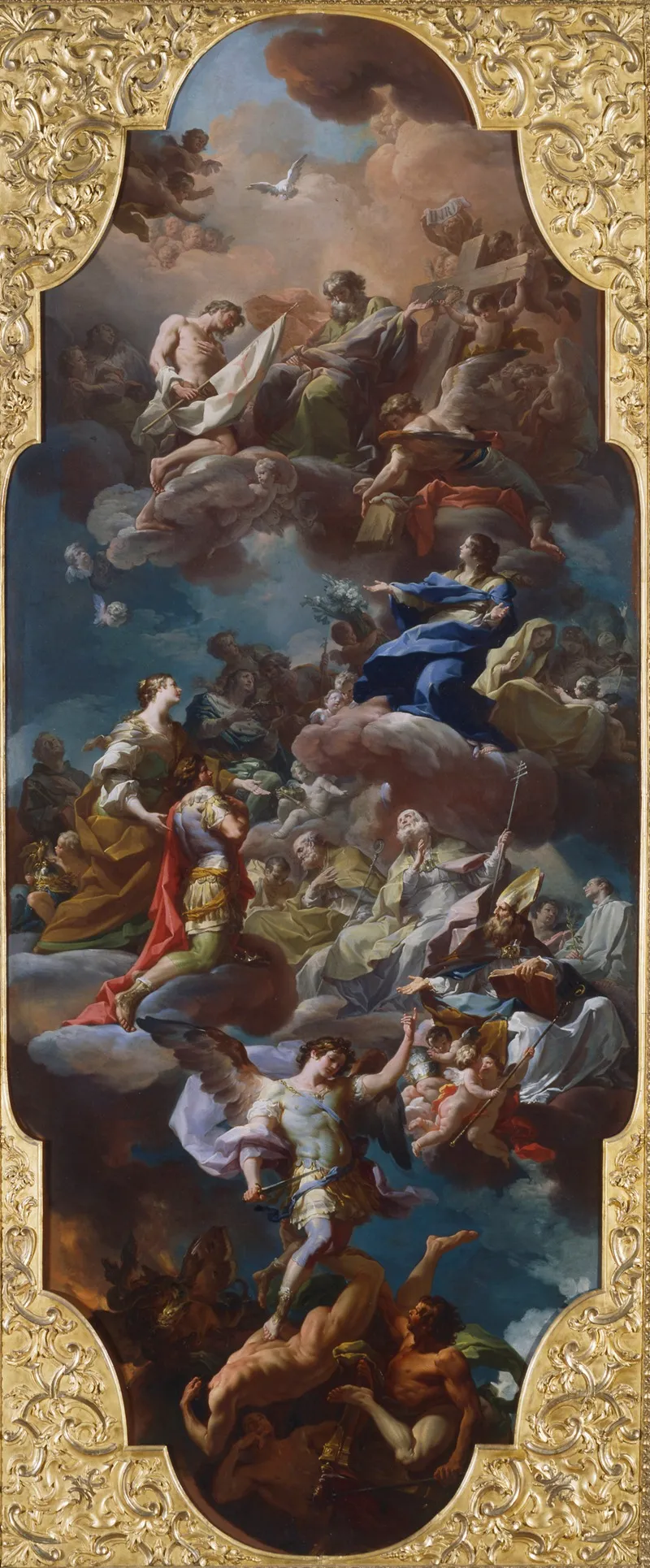 St Helena And The Emperor Constantine Presented To The Holy Trinity By The Virgin Mary Wall Art by Corrado Giaquinto - High-Resolution Digital Print