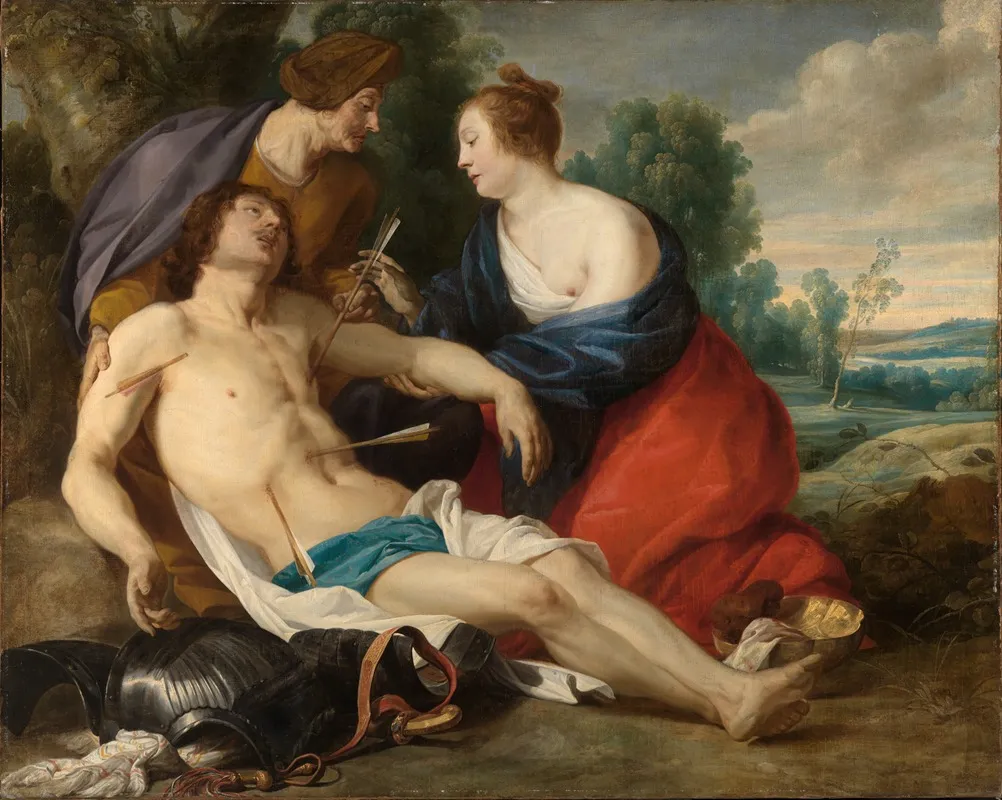 St Irene Pulls The Arrows Out Of St Sebastians Wounds Wall Art by Theodoor Rombouts - High-Resolution Digital Print
