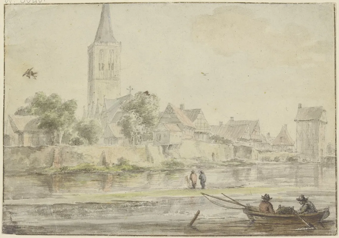 Stadt Am Wasser Mit Kirche Rechts Ein Turm Vorne Kahn Mit Zwei Personen