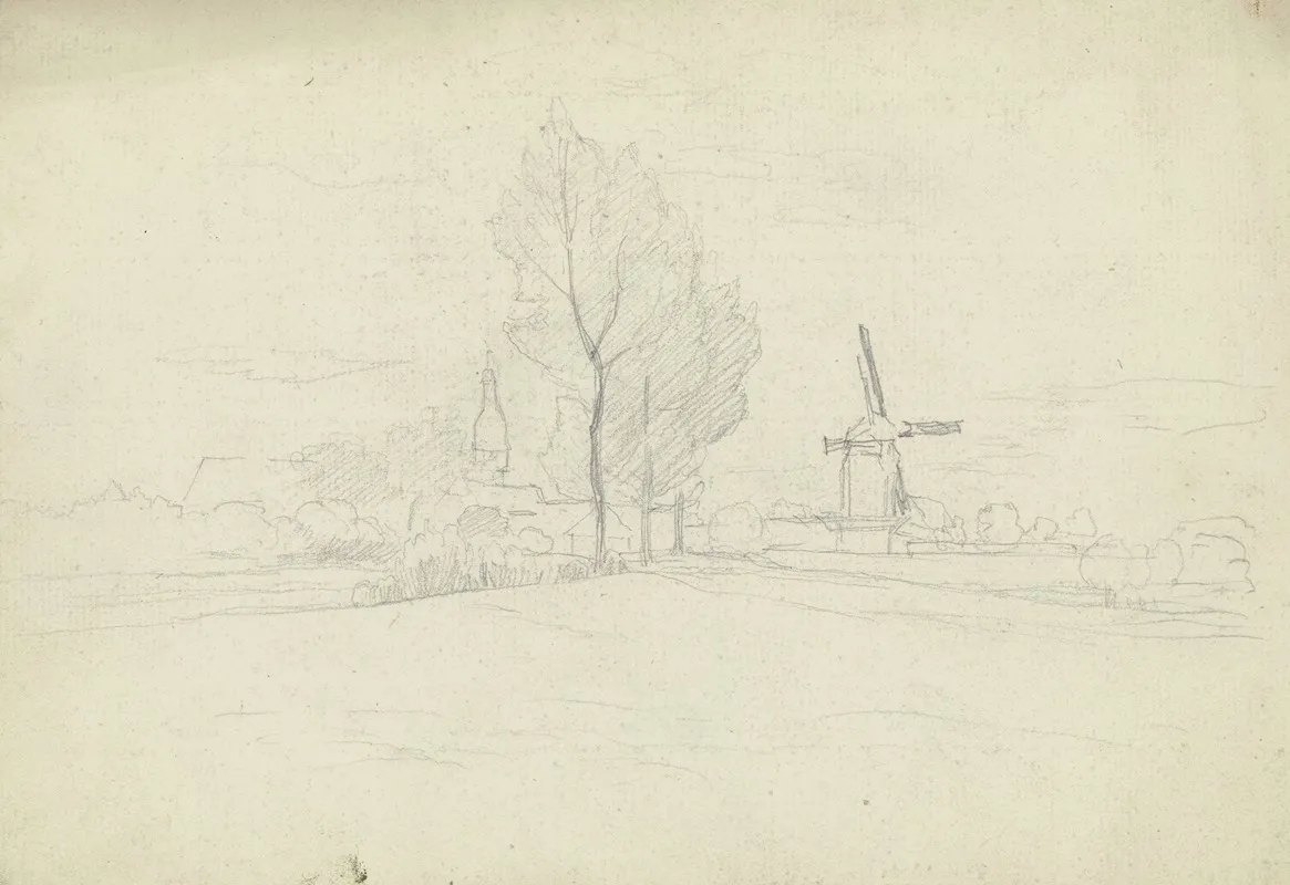Stadt Mit Windmuhle Und Baumreihe