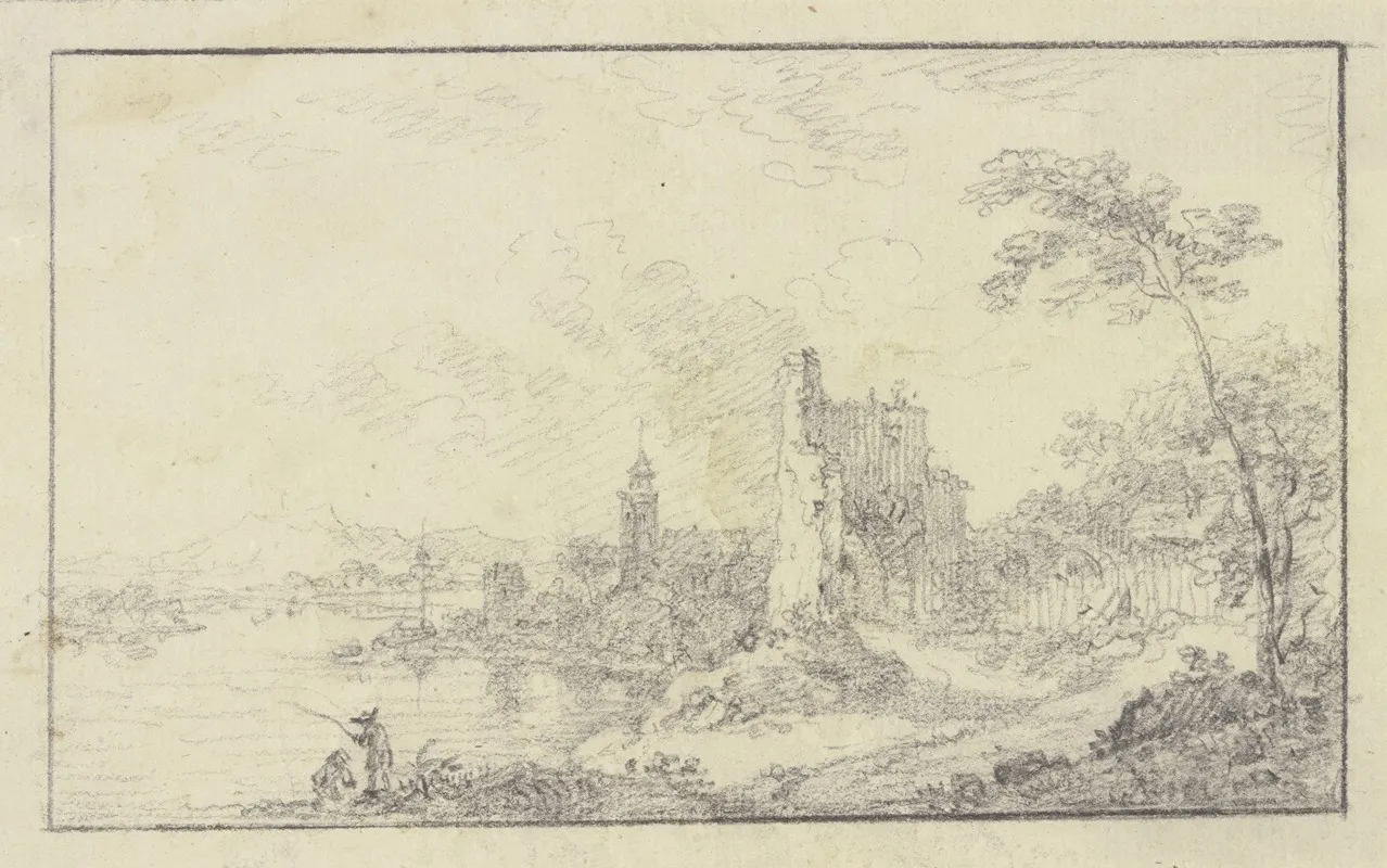 Stadtchen An Einem Flus Mit Der Ruine Eines Torturmes Wall Art by Franz Schütz - High-Resolution Digital Print