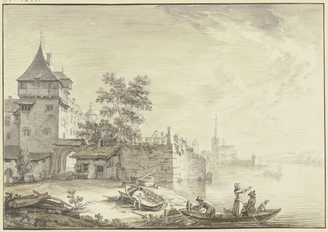 Stadttor Bei Einem Turm Am Wasser Oestrich Vorne Ein Kahn Mit Drei Personen Und Einem Hund