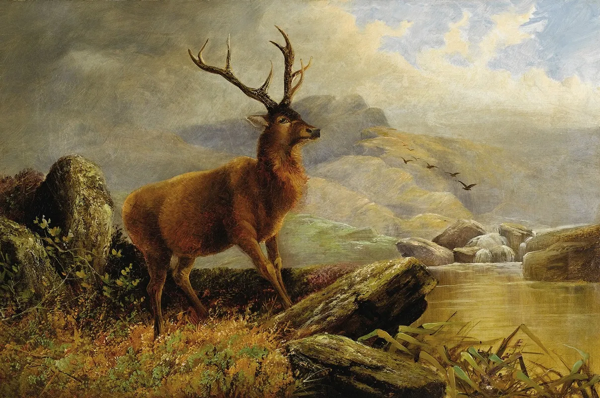 Stag At Mountain Stream Wall Art by Henery Morris - High-Resolution Digital Print