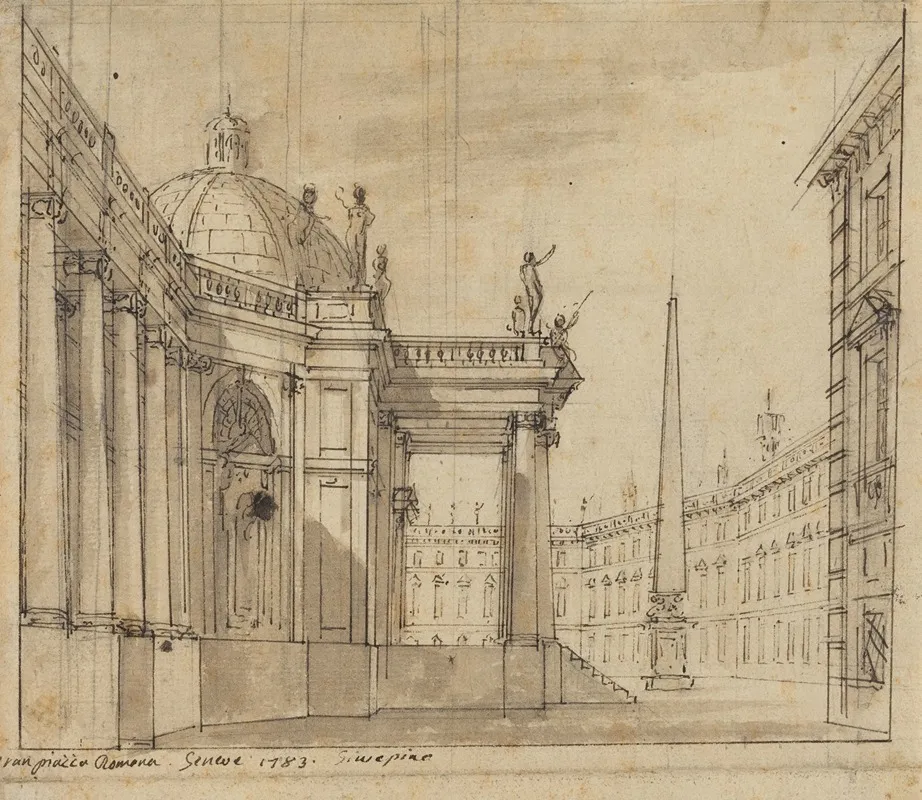Stage Design A Piazza With A Domed Church And An Obelisk Wall Art by Giuseppino Galliari - High-Resolution Digital Print