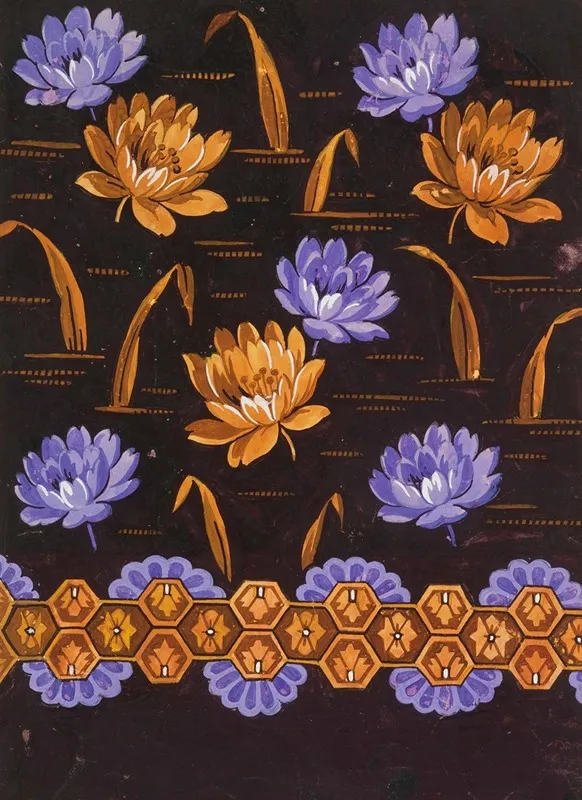 Staggered Violet And Brown Blossoms And Leaves On Black Ground