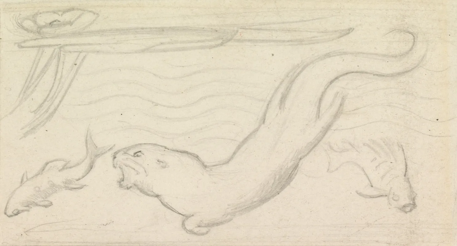 Stained Glass Study An Otter And Two Fish 2 Wall Art by Sir John Everett Millais - High-Resolution Digital Print