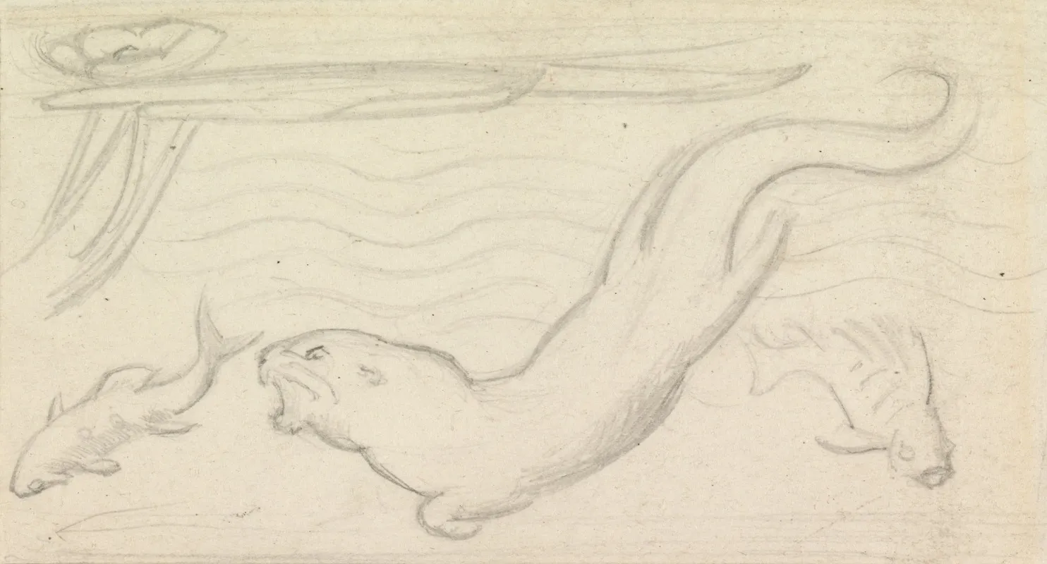 Stained Glass Study An Otter And Two Fish Wall Art by Sir John Everett Millais - High-Resolution Digital Print