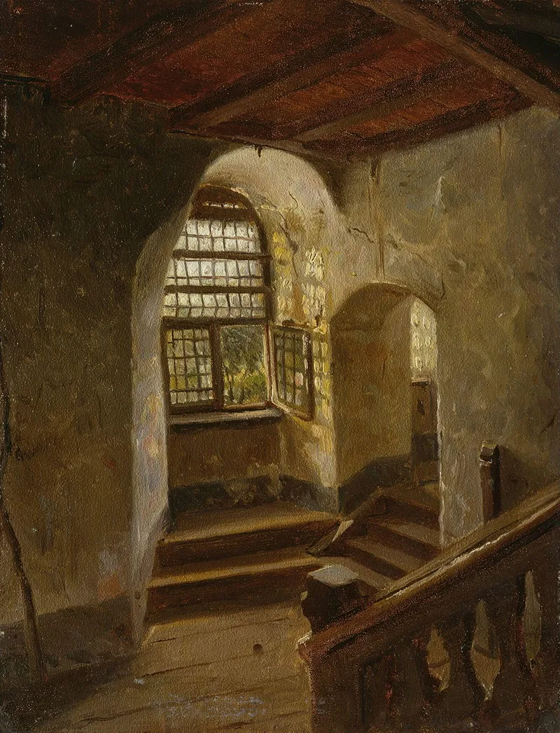 Stairway In A Castle By The Rhine Wall Art by Adolph Tidemand - High-Resolution Digital Print