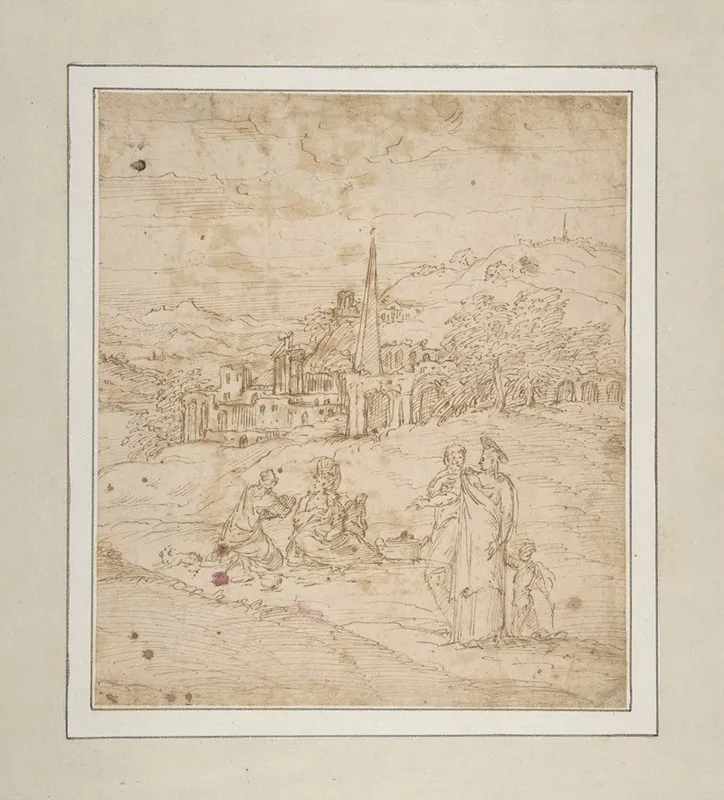 Standing And Seated Figures In A Landscape With An Obelisk Wall Art by Giovanni Battista Pittoni the Elder - High-Resolution Digital Print