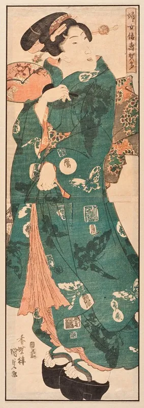 Standing Beauty With Butterfly Pattern Kimono Wall Art by Utagawa Kunisada (Toyokuni III) - High-Resolution Digital Print