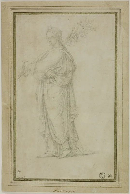 Standing Draped Female Figure Carrying Trumpet Flowers Wall Art by Circle of Girolamo Sellari - High-Resolution Digital Print