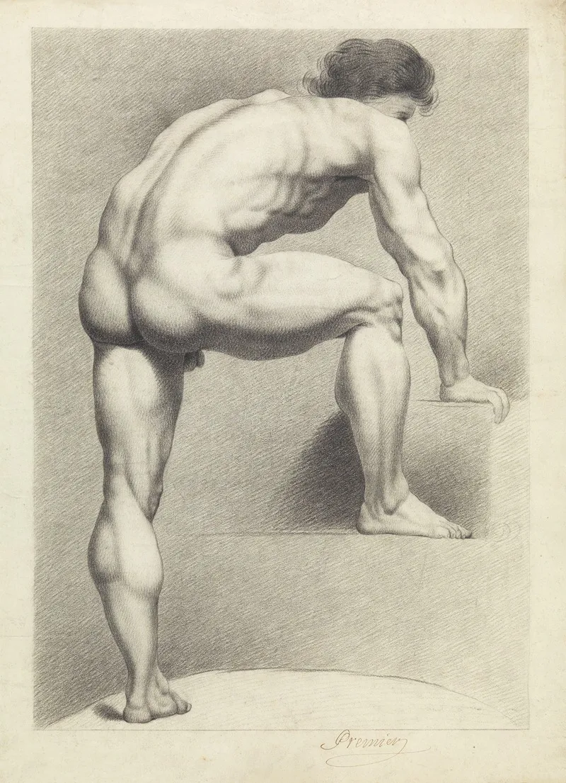 Standing Male Nude Right Foot And Arm Resting On A Block Wall Art by Albert Voituron - High-Resolution Digital Print