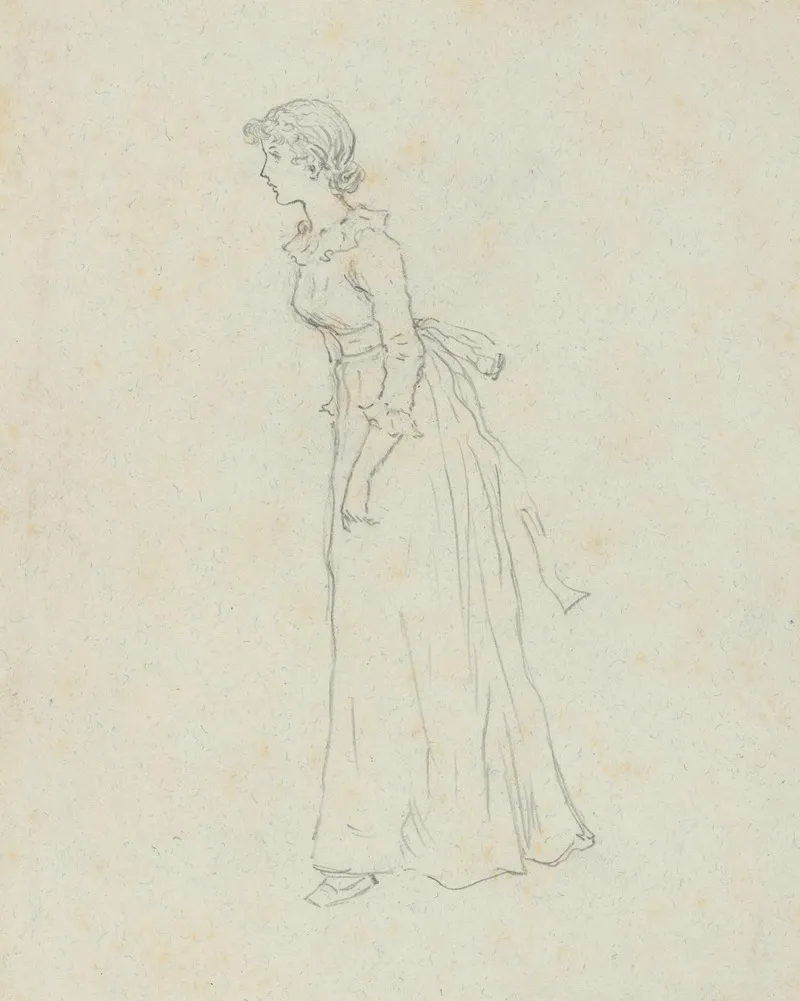 Standing Young Woman In Victorian Attire Seen In Profile