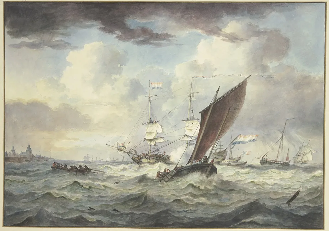 Stark Bewegte See Mit Vielen Schiffen Ein Groses Schiff Ladt Eine Kanone Davor Ein Boot Von Vorne Gesehen Links Eine Stadt Wall Art by Leendert de Koningh - High-Resolution Digital Print