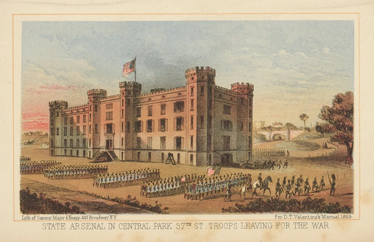 State Arsenal In Central Park 57th St Troops Leaving For The War Wall Art by Sarony, Major &amp; Knapp Lith. - High-Resolution Digital Print