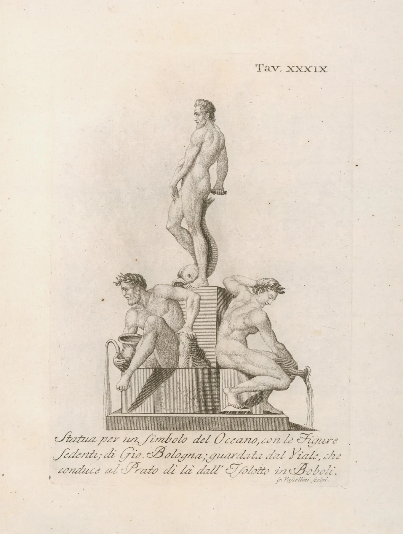 Statua Per Un Simbolo Del Oceano Con Le Figure Sedenti Di Gio Bologna Wall Art by Gaetano Vascellini - High-Resolution Digital Print
