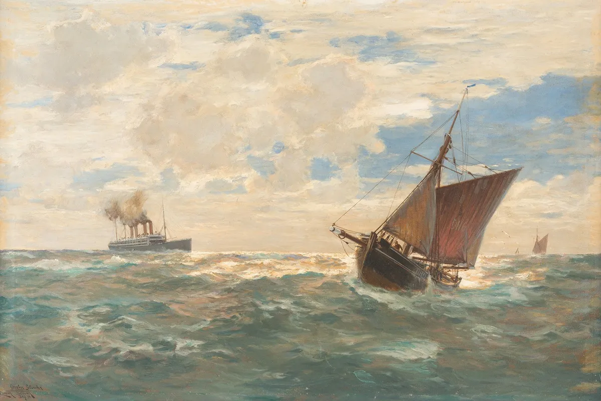 Steamer And Sailing Boats On Open Sea