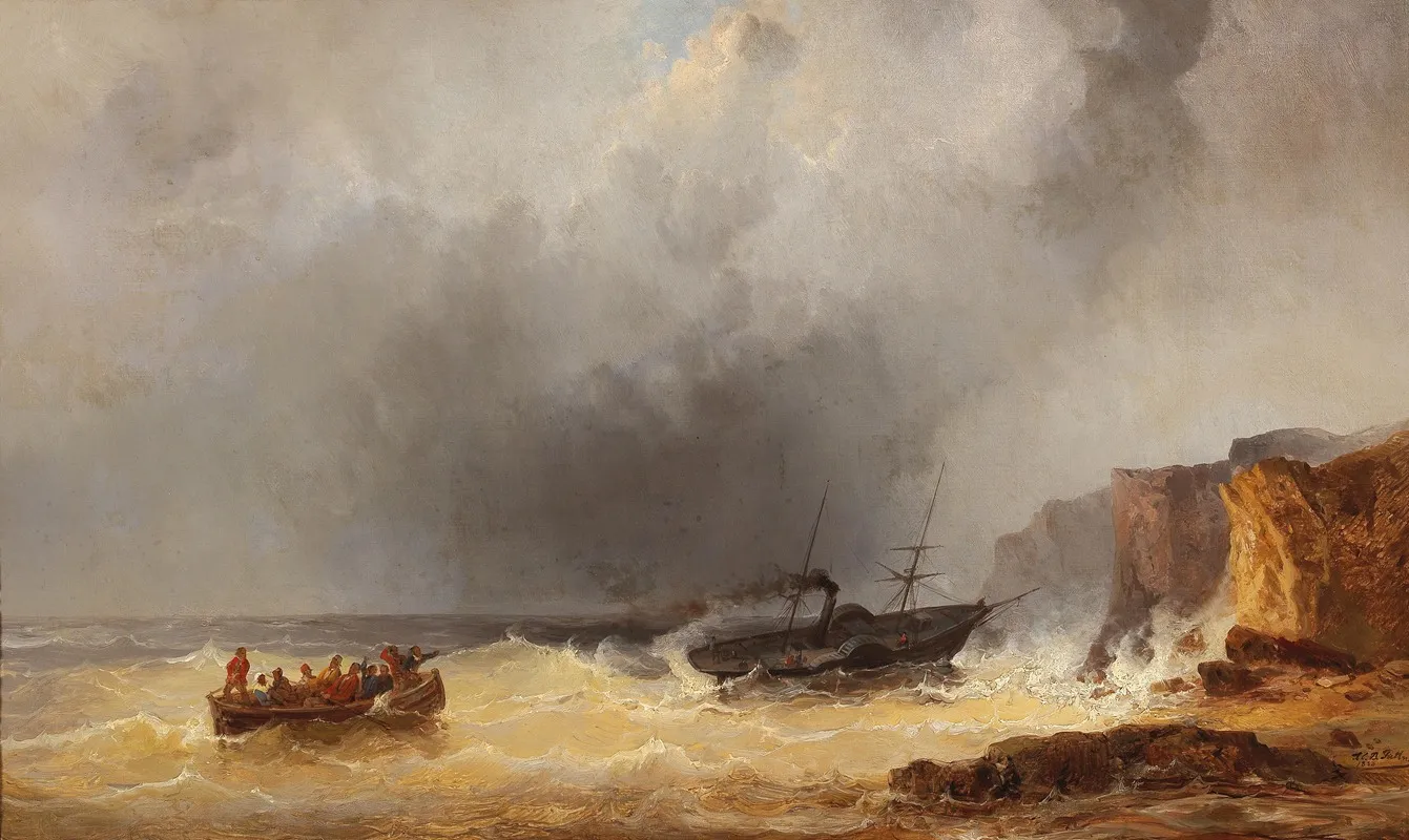Steamship In Distress At Sea By A Rocky Coast