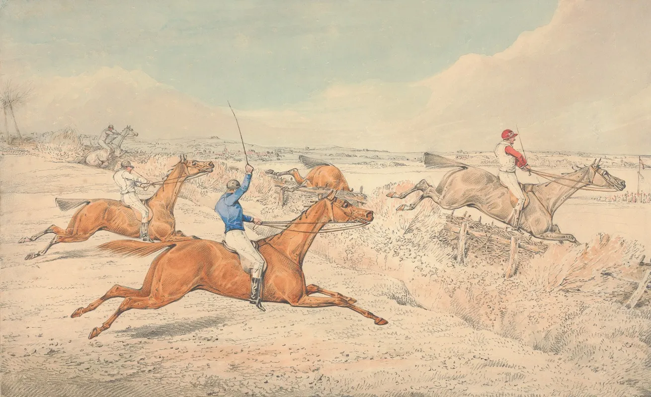 Steeplechasing Four Riders Taking A Ditch And An Oxer